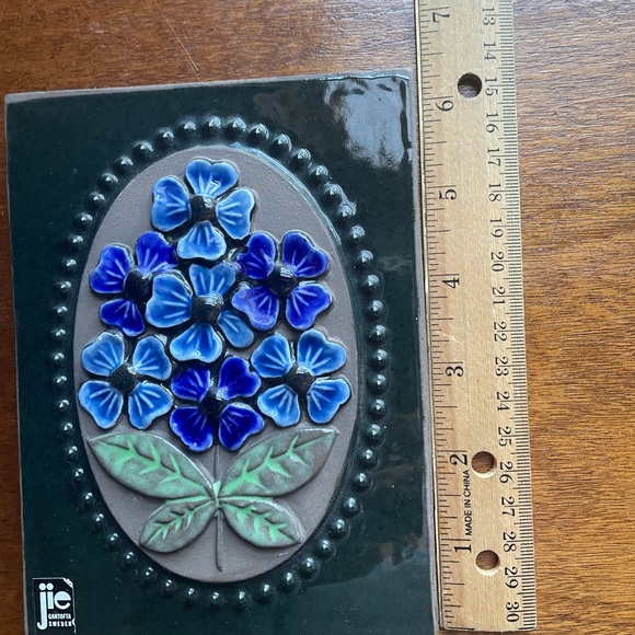 Vintage Jie Gantofta Sweden Ceramic Blue Flower Rectangular Wall Plaque 1970's - Picture 11 of 11